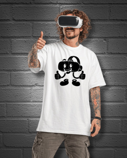 male model wearing a white tshirt with vr character graphic by metaverseinspired