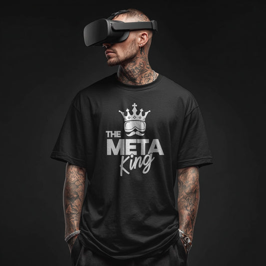 male with vr headset wearing a metaverse inspired t-shirt