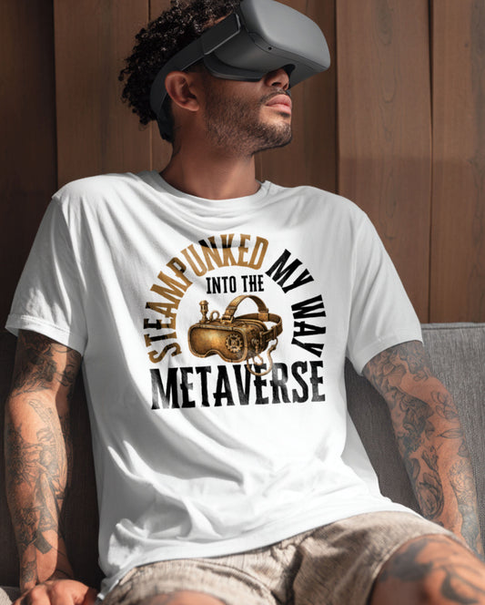 male model wearing a vr headset and a white t-shirt with a graphic of a VR headset steampunk styled, with the text "Steampunked my way into the metaverse"