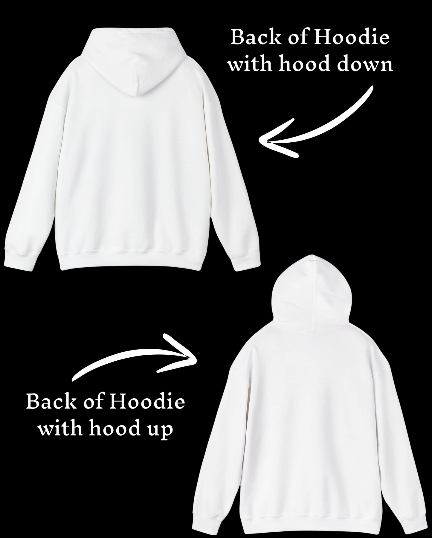 White hoodie shown from the back with hood down and up