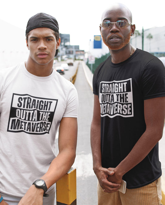 Two men wearing t-shirts with 'Straight Outta the Metaverse' text on a street background.