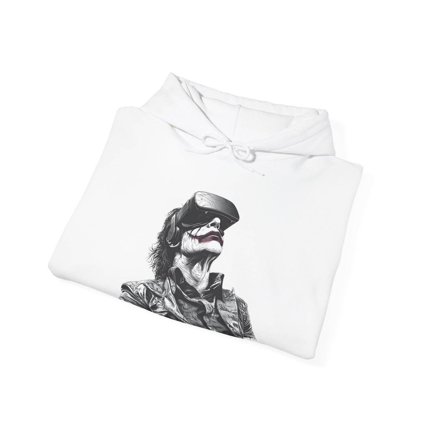 white_hoodie_folded_with_a_joker_styled_graphic_wearing_a_vr_headset_graphic_from_metaverse_inspired