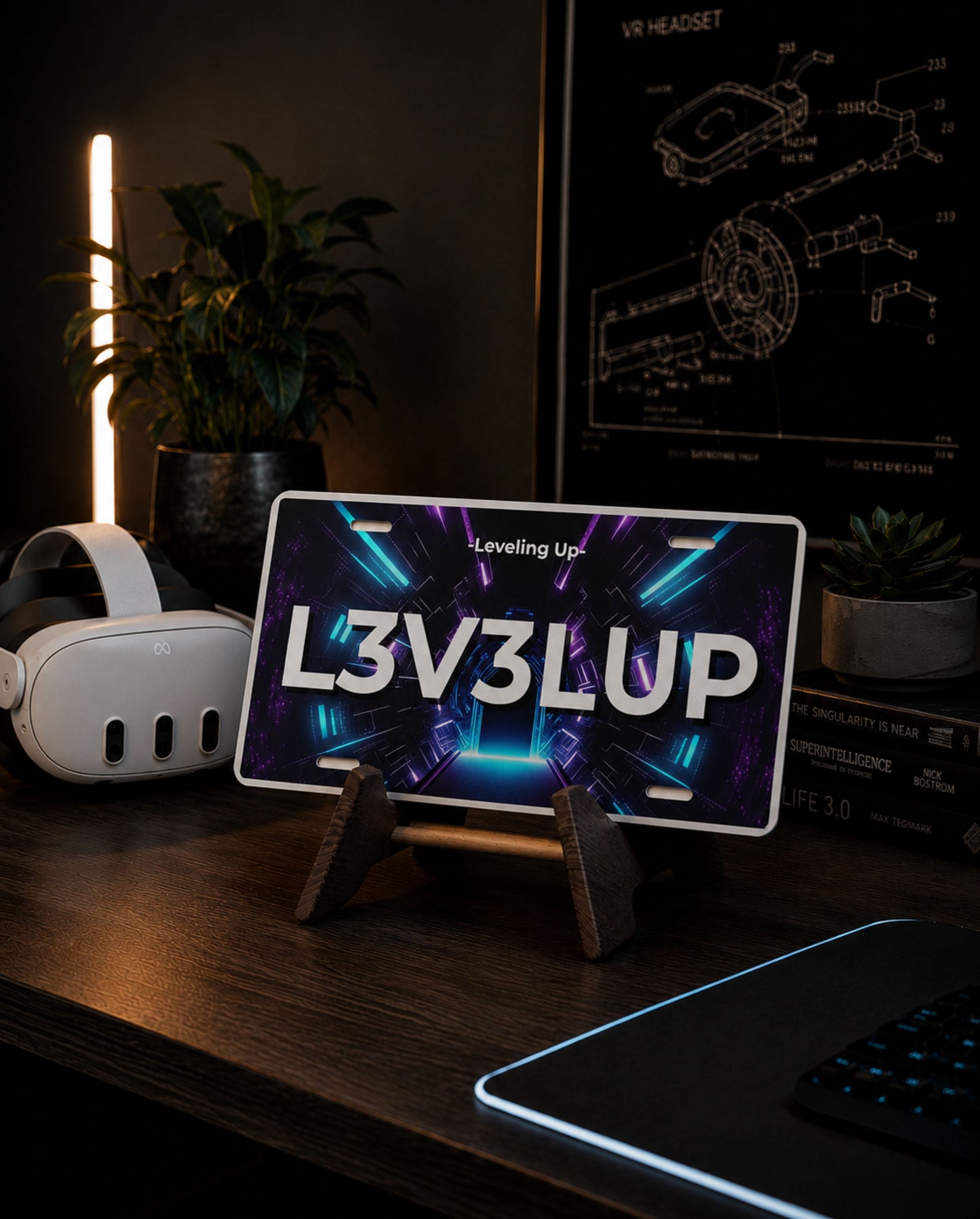 A smartphone on a small wooden stand displaying the text 'L3V3LUP' and 'Leveling Up' over a neon tunnel graphic, set on a dark desk with a VR headset, plants, and a framed technical drawing in the background.
