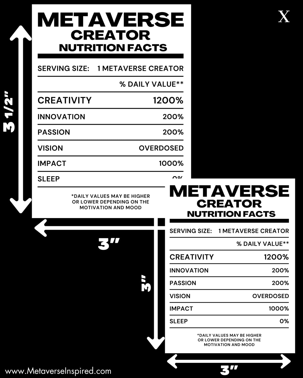 Size chart for Metaverse Creator Nutrition Facts Sticker