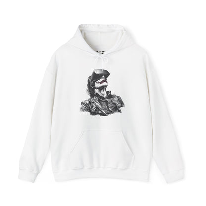 White hoodie with a black and gray graphic design of a person resembling the joker