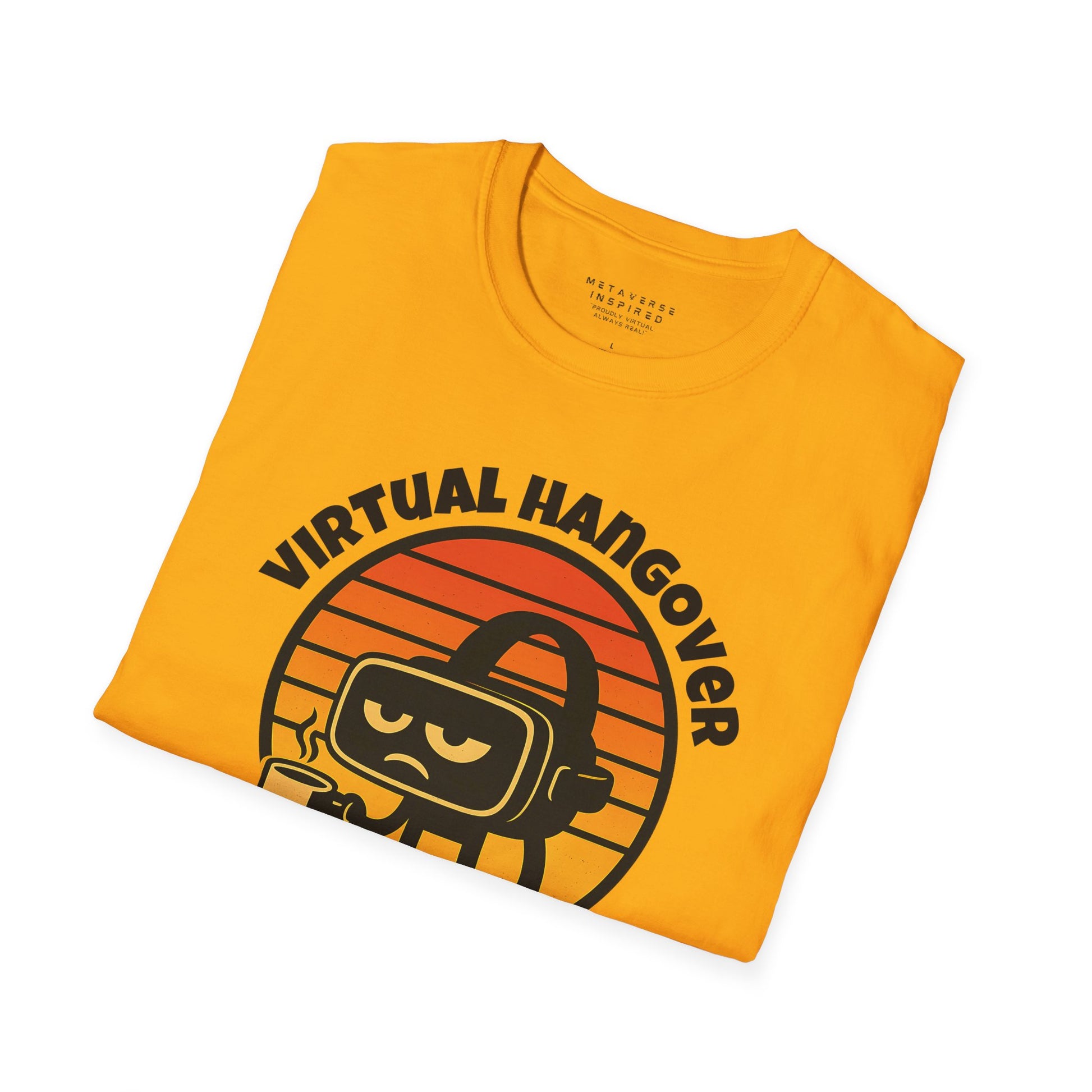 a folded gold colored tshirt with virtual hangover graphic by metaverseinspired
