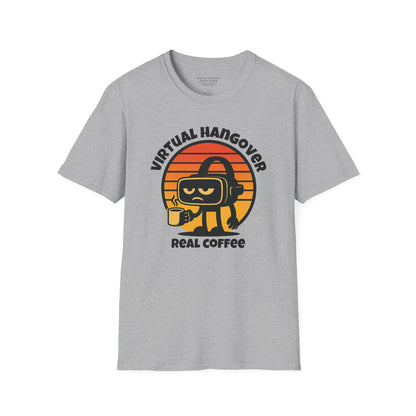 a gray tshirt with virtual hangover graphic by metaverseinspired