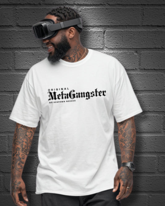 a male wearing a white tee with Meta Gangster text 