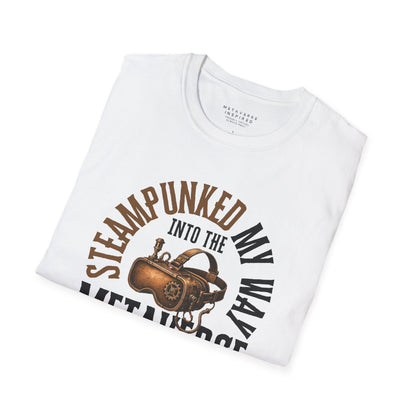 a white folded tshirt with steampunked my way to the metaverse graphic design