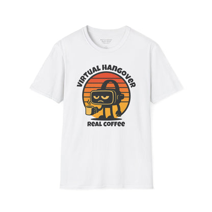 a white tshirt with virtual hangover graphic by metaverseinspired