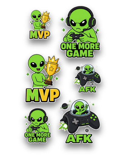 Alien Gamer & Creator Sticker Pack | 24 Gaming & Content Creator Stickers (4 Sheets)