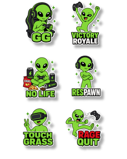 Alien Gamer & Creator Sticker Pack | 24 Gaming & Content Creator Stickers (4 Sheets)
