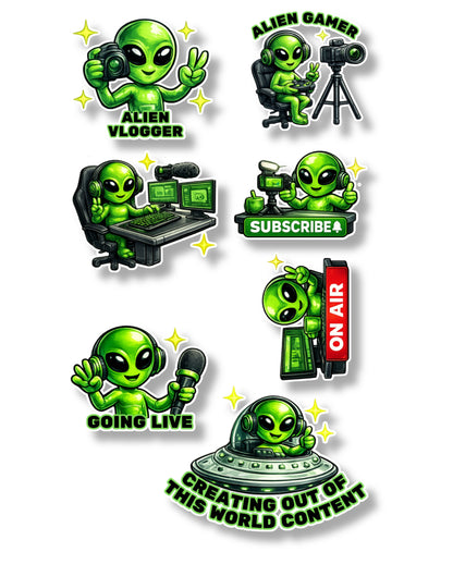 Alien Gamer & Creator Sticker Pack | 24 Gaming & Content Creator Stickers (4 Sheets)
