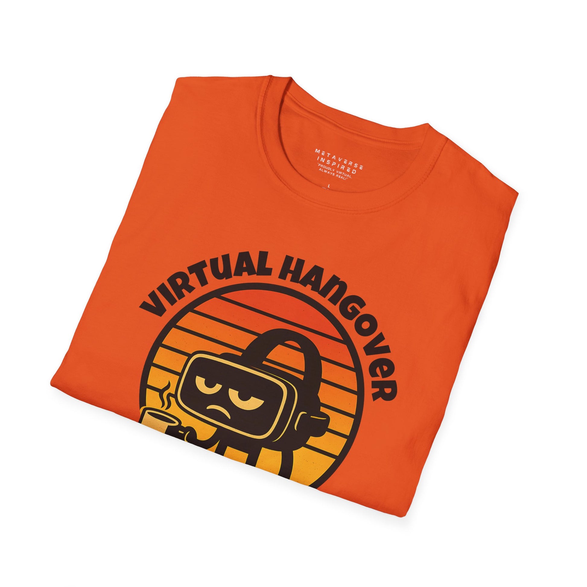 an orange folded tshirt with steampunked my way to the metaverse graphic design