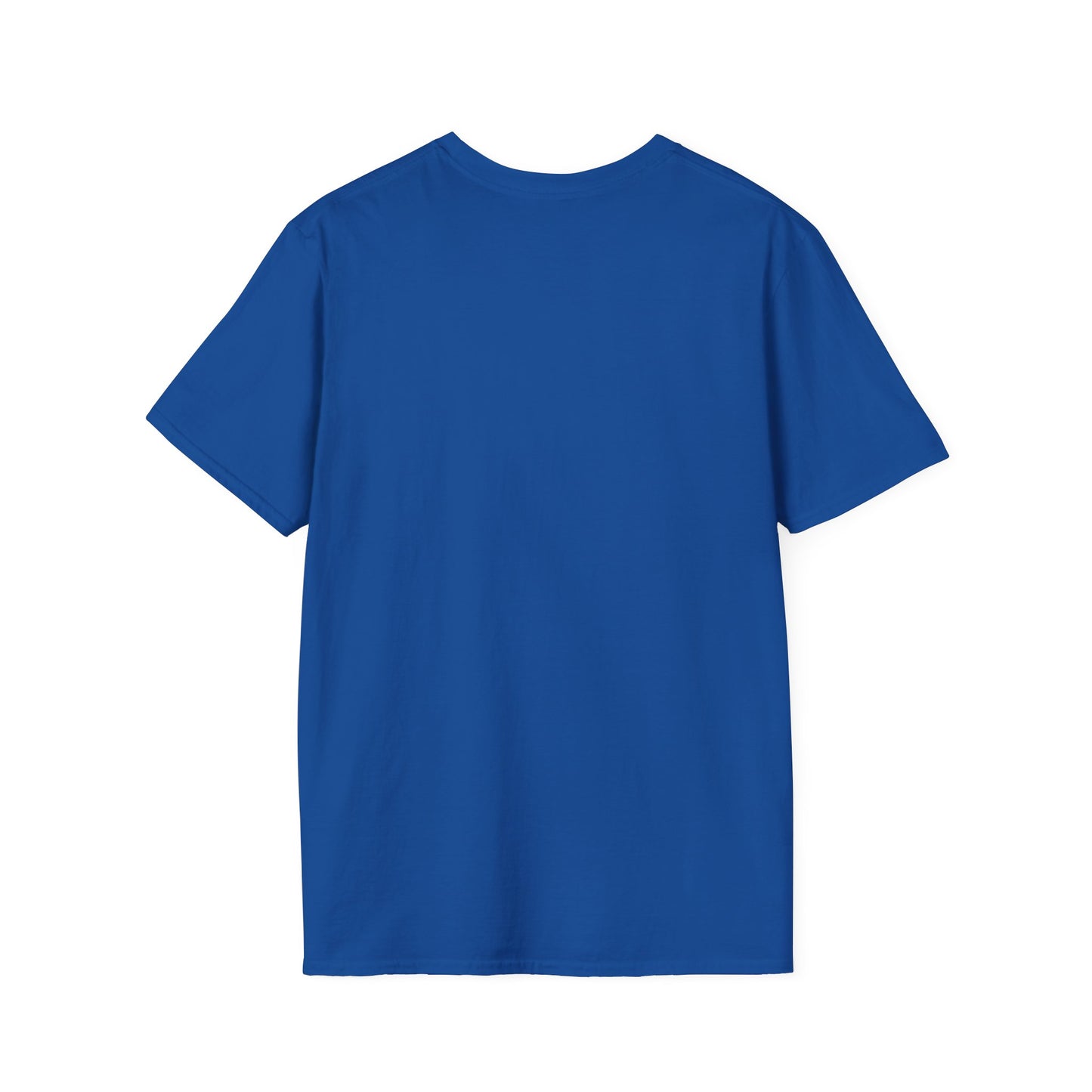 the back of a royal blue metaverse inspired t-shirt on a white background