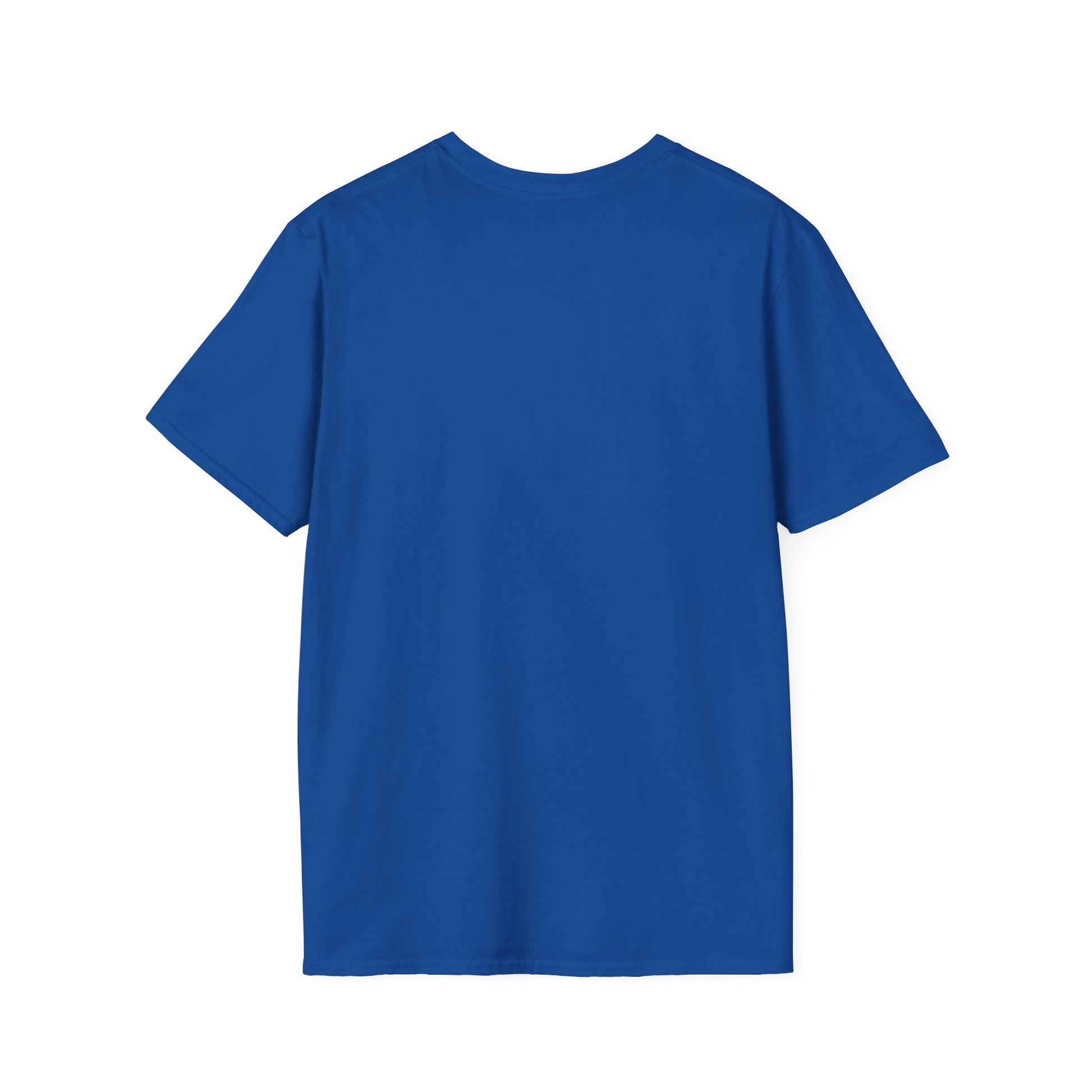 the back of a royal blue metaverse inspired t-shirt on a white background