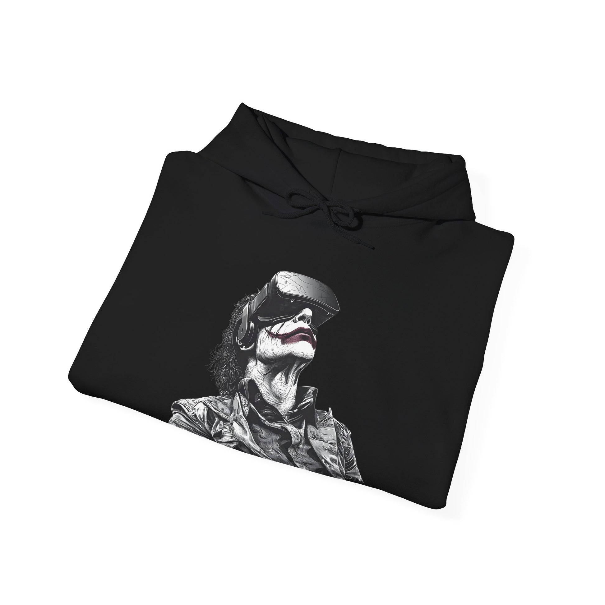 black_hoodie_folded_with_a_joker_styled_graphic_wearing_a_vr_headset_graphic_fro_metaverse_inspired