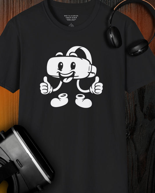 black t-shirt with a graphic of a vr headset character design by metaverse inspired