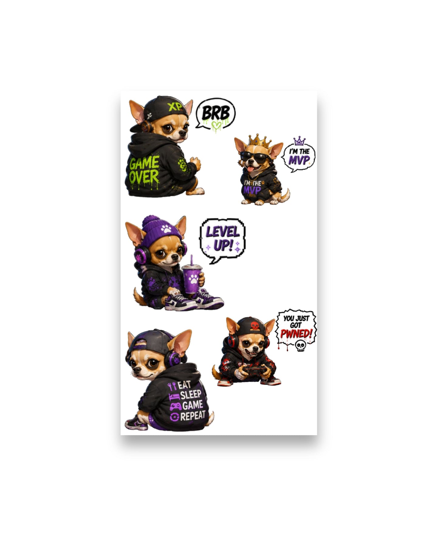 Gamer Chihuahua Sticker Pack | 11 Cute Gaming Stickers (2 Sheets)