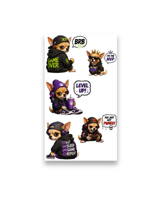 Gamer Chihuahua Sticker Pack | 11 Cute Gaming Stickers (2 Sheets)