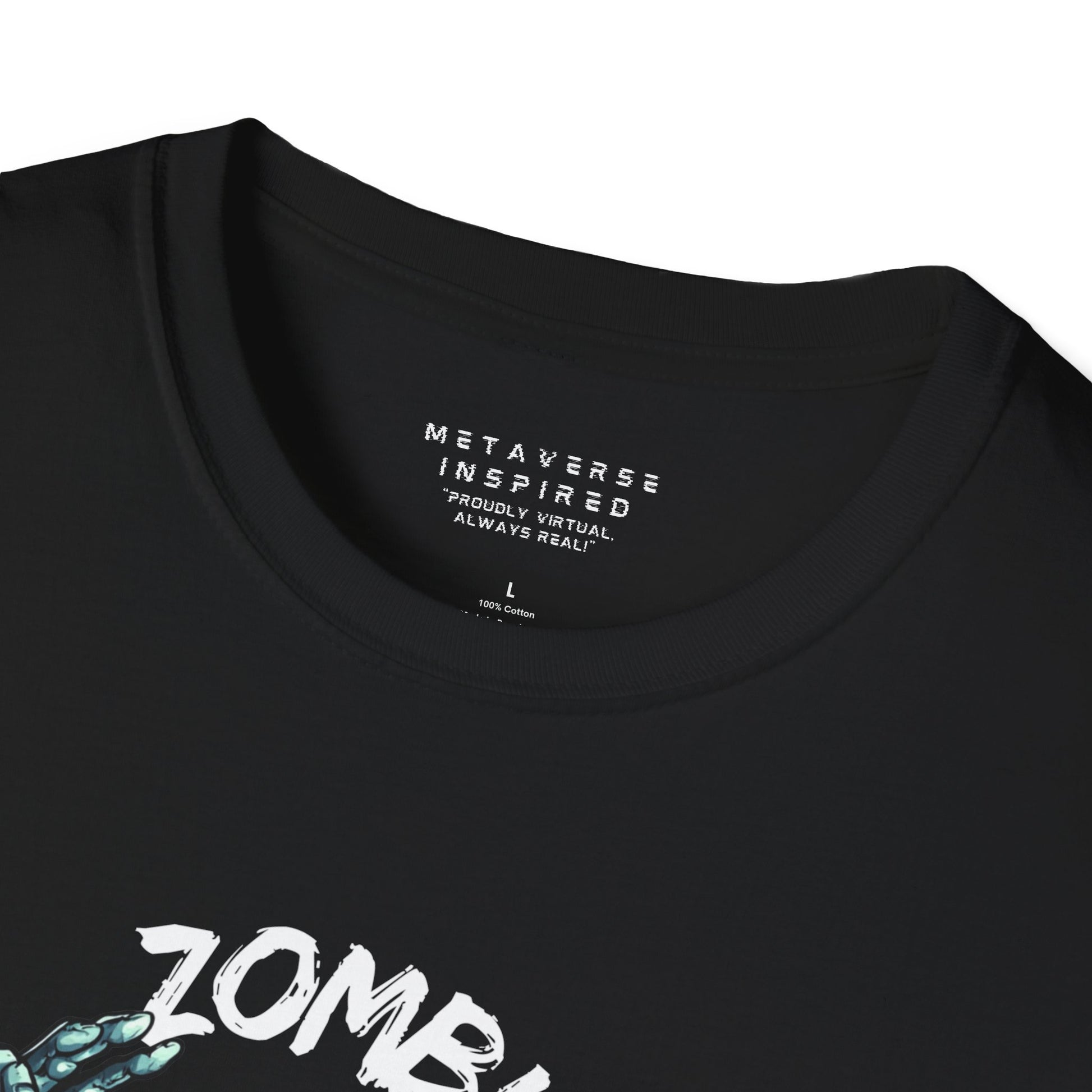 close up of collar of black male version metaverseinspired.com zombie mode tshirt