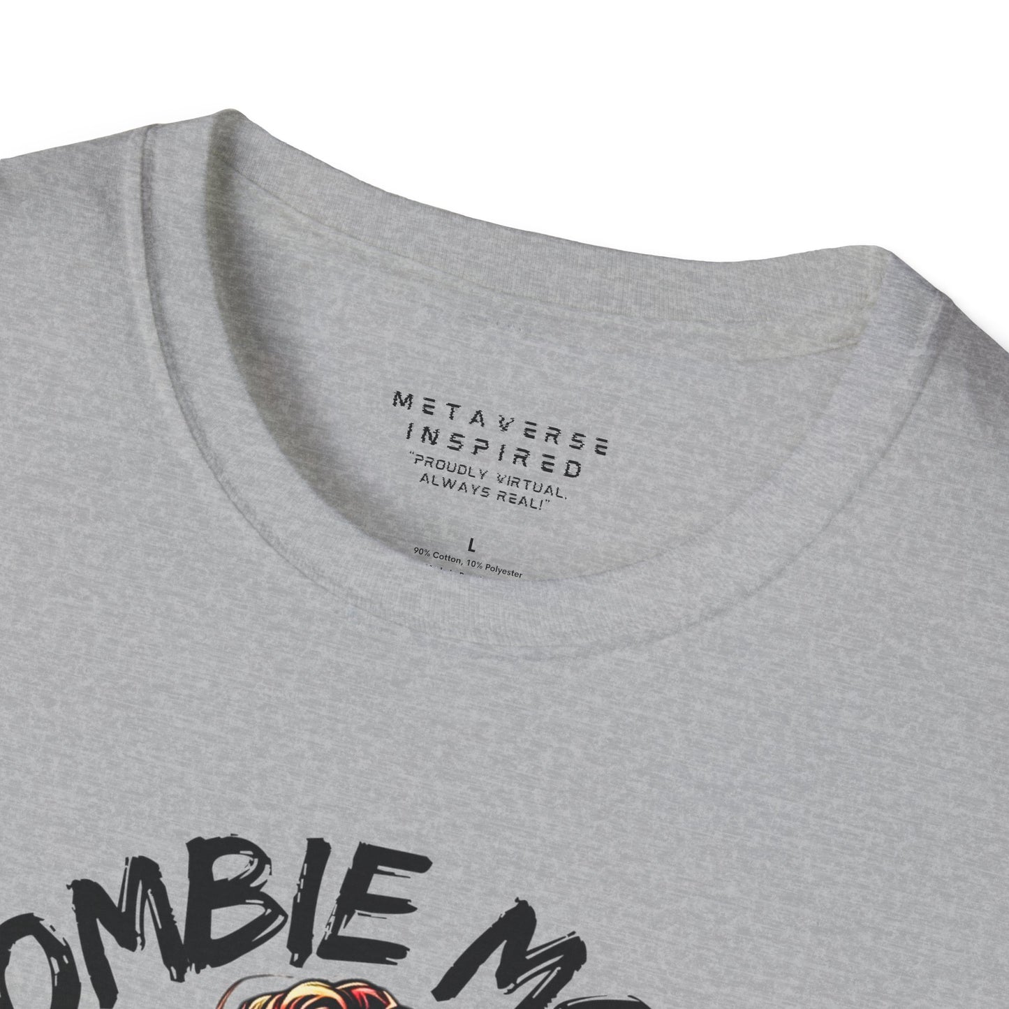 close up of collar of grey metaverseinspired.com zombie mode tshirt