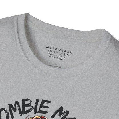 close up of collar of grey metaverseinspired.com zombie mode tshirt