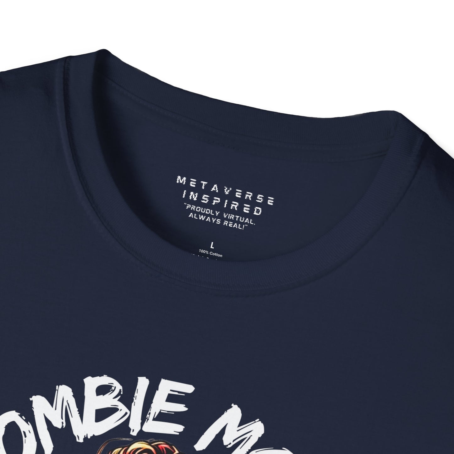close up of collar of navy metaverseinspired.com zombie mode tshirt