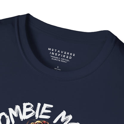 close up of collar of navy metaverseinspired.com zombie mode tshirt