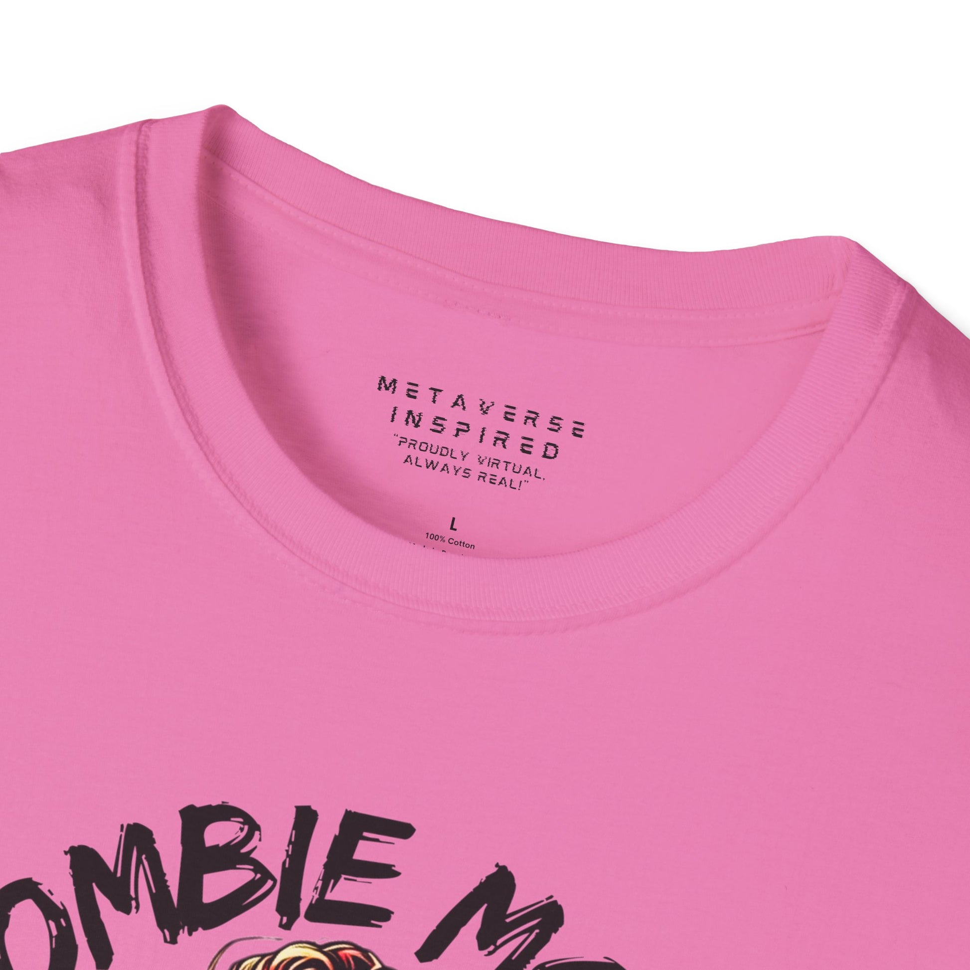 close up of collar of pink metaverseinspired.com zombie mode tshirt