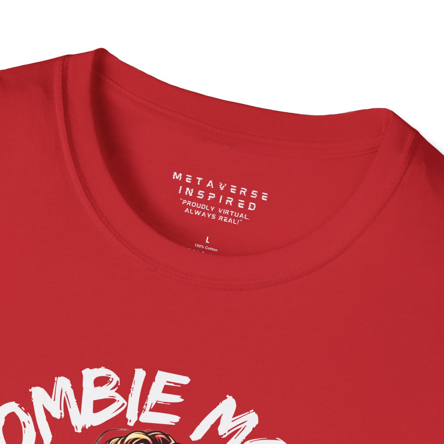 close up of collar of red metaverseinspired.com zombie mode tshirt