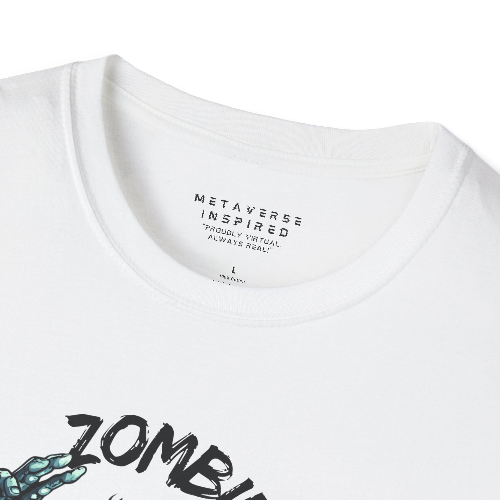 close up of collar of white male version metaverseinspired.com zombie mode tshirt