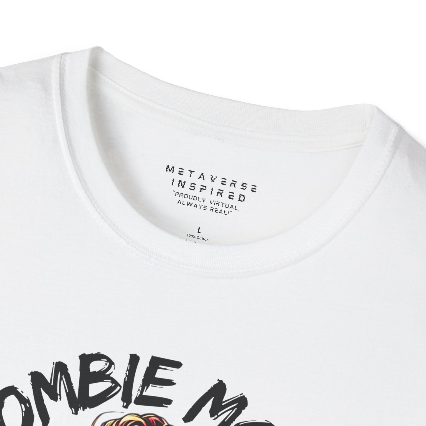 close up of collar of white metaverseinspired.com zombie mode tshirt