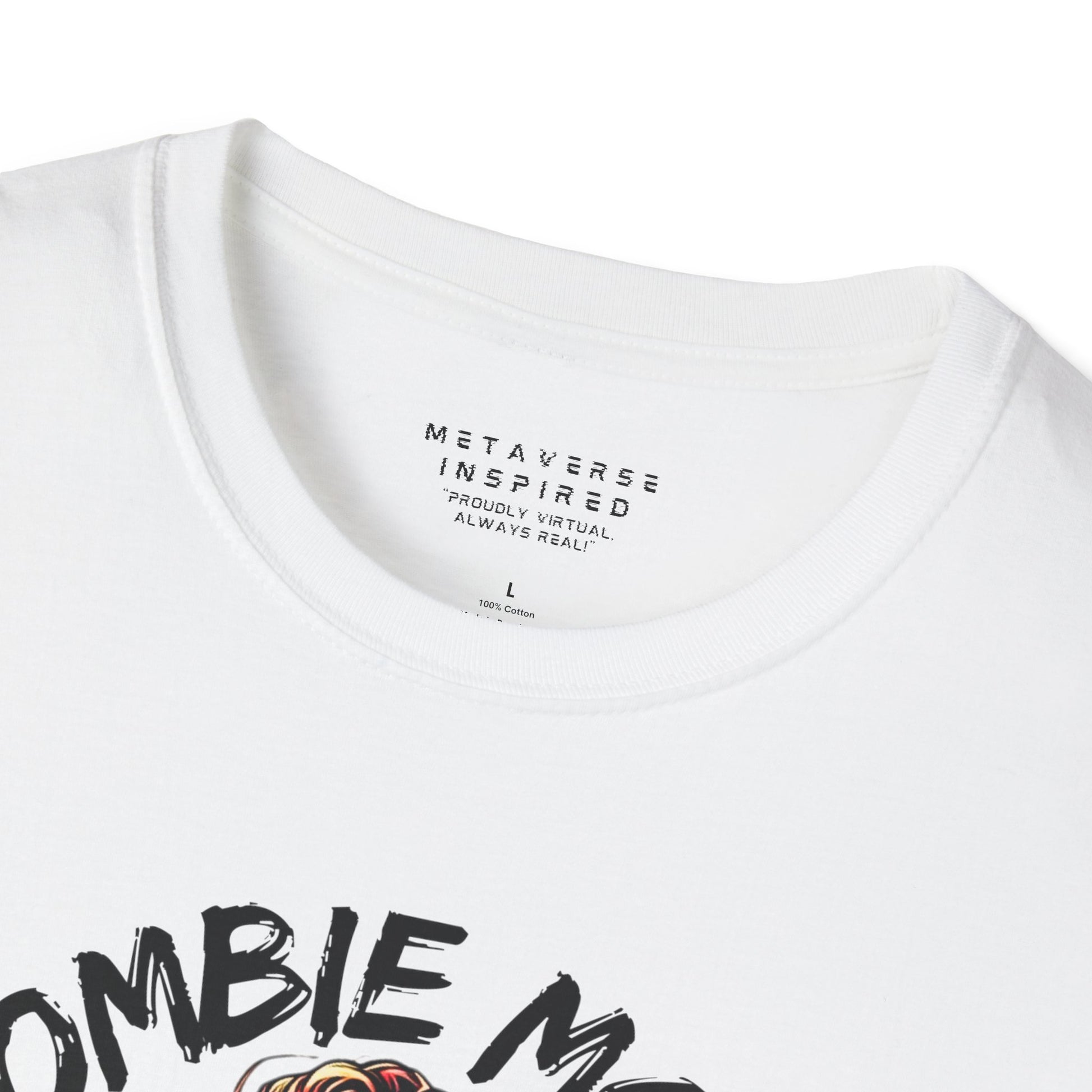 close up of collar of white metaverseinspired.com zombie mode tshirt