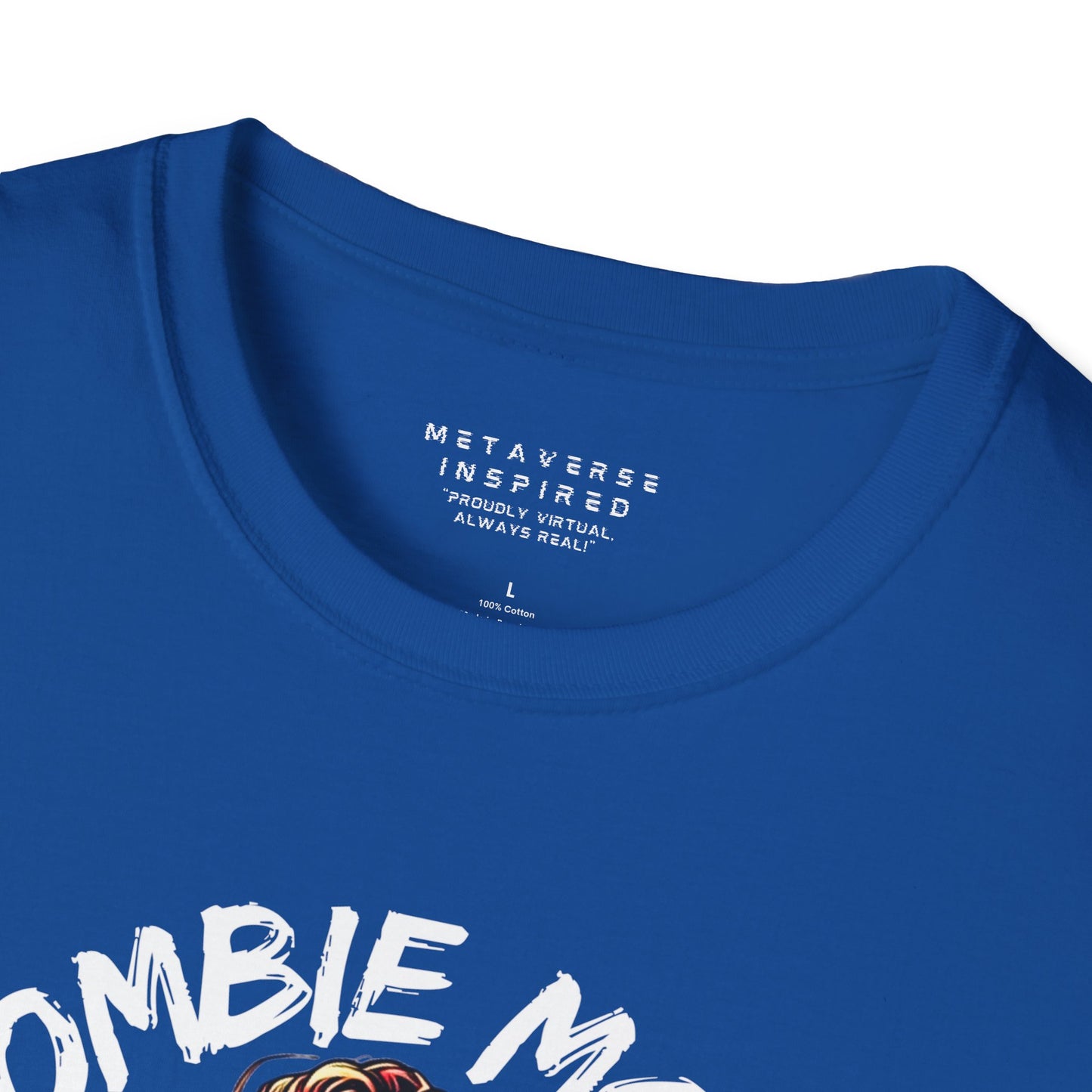 closeup of neck collar of blue graphic tshirt at metaverseinspired.com