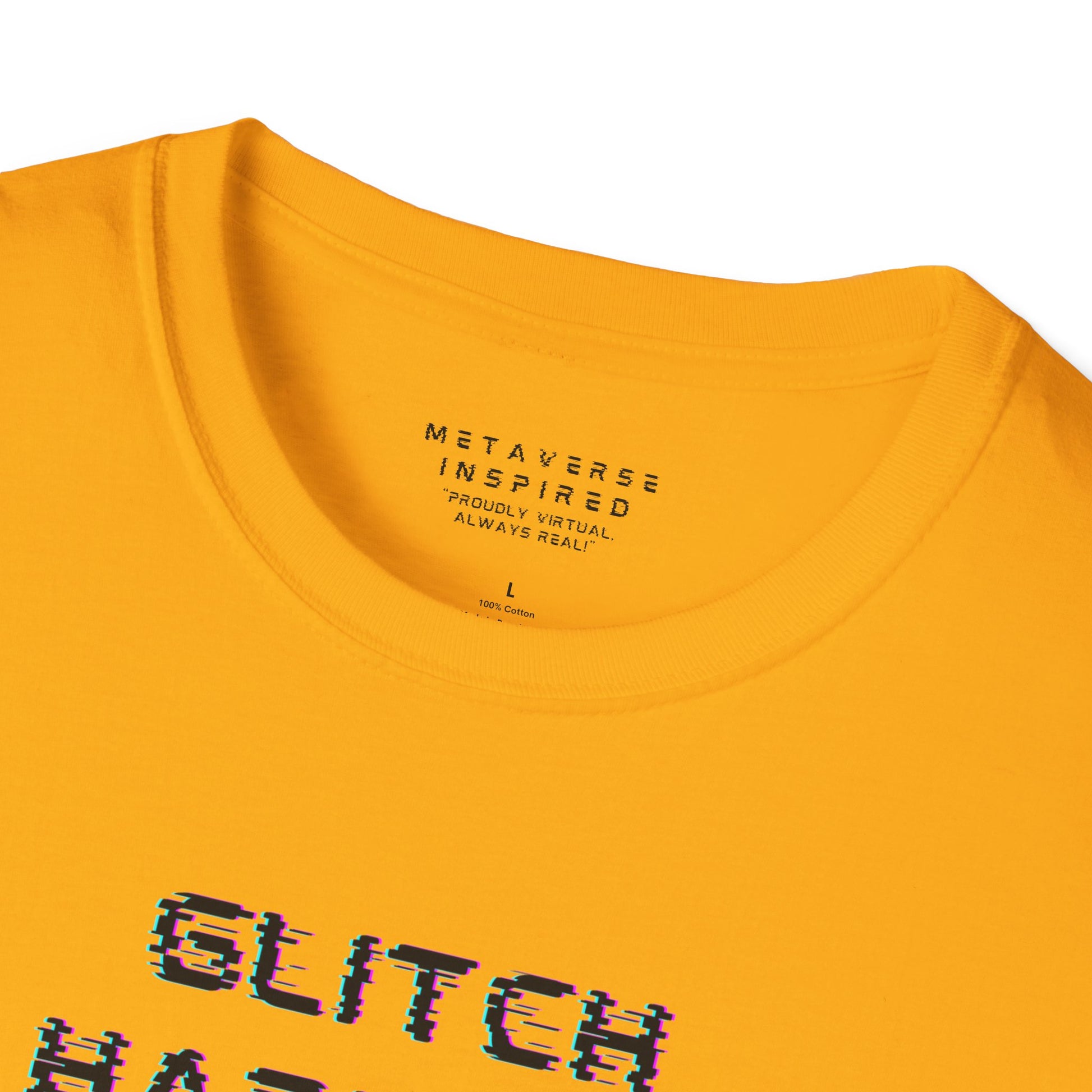 gold colored t-shirt with 'GLITCH HAPPENS' text in glitchy font and 'METAVERSE INSPIRED' label 
