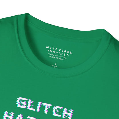 Green t-shirt with 'GLITCH HAPPENS' text in glitchy font and 'METAVERSE INSPIRED' label 