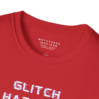 red t-shirt with 'GLITCH HAPPENS' text in glitchy font and 'METAVERSE INSPIRED' label 