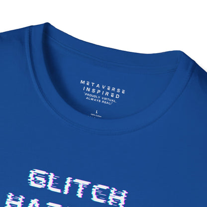 blue t-shirt with 'GLITCH HAPPENS' text in glitchy font and 'METAVERSE INSPIRED' label 