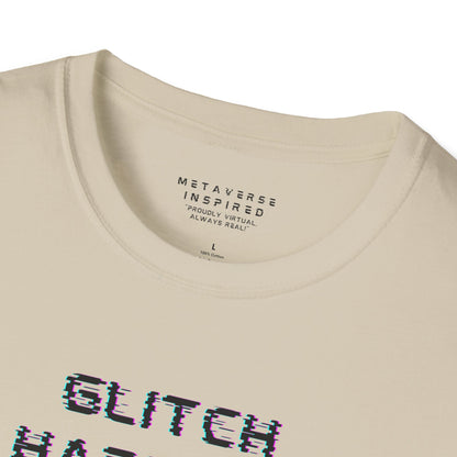 beige t-shirt with 'GLITCH HAPPENS' text in glitchy font and 'METAVERSE INSPIRED' label 
