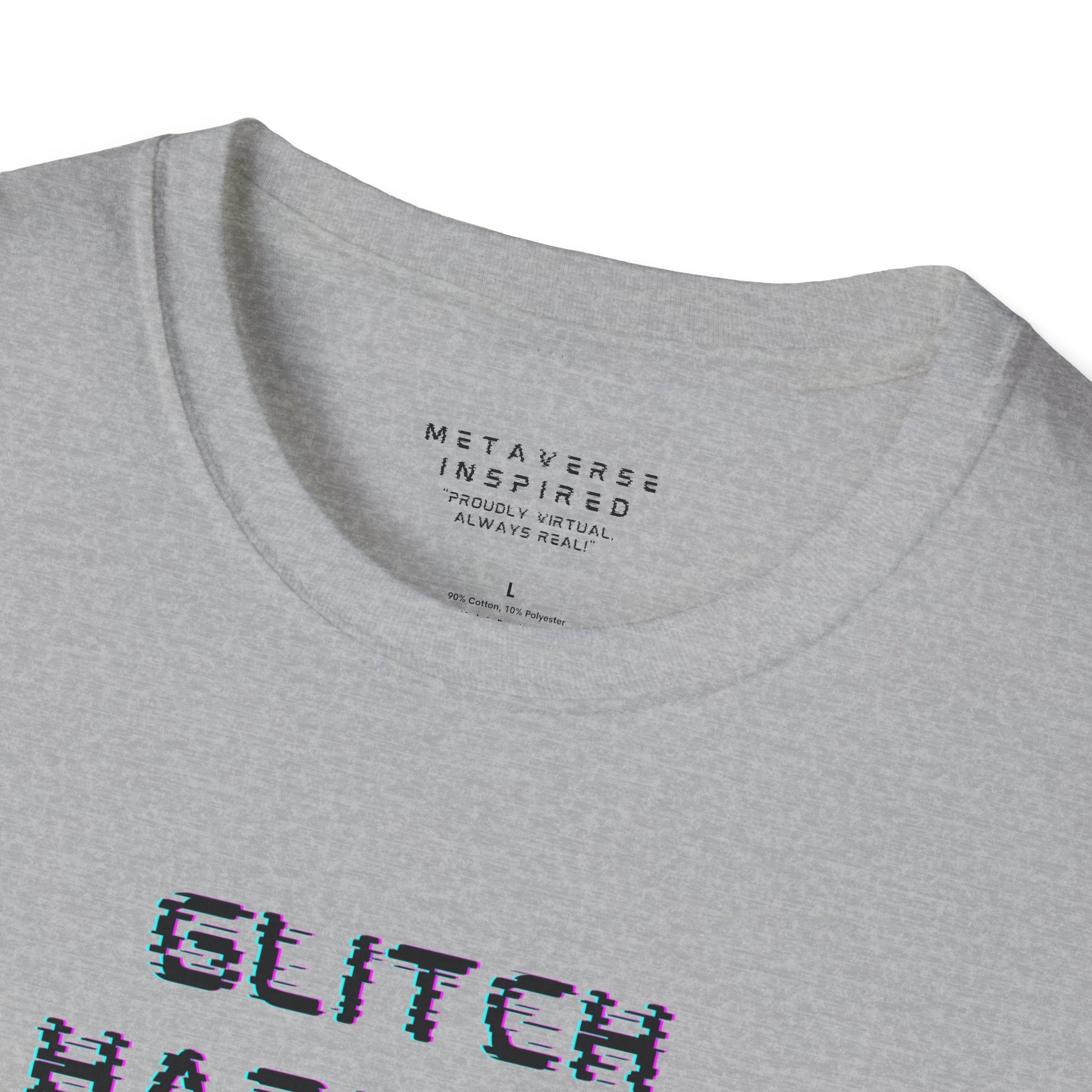 Gray t-shirt with 'GLITCH HAPPENS' text in glitchy font and 'METAVERSE INSPIRED' label 