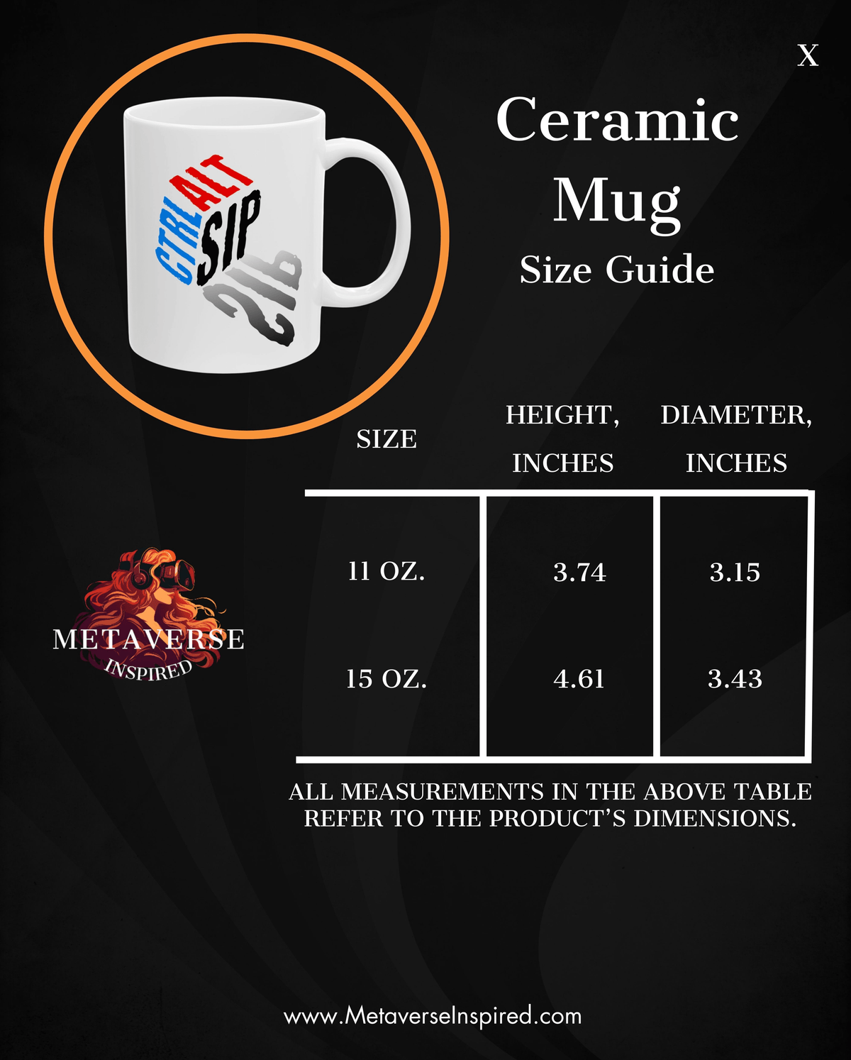 Size chart for CTRL + ALT + SIP | Mug