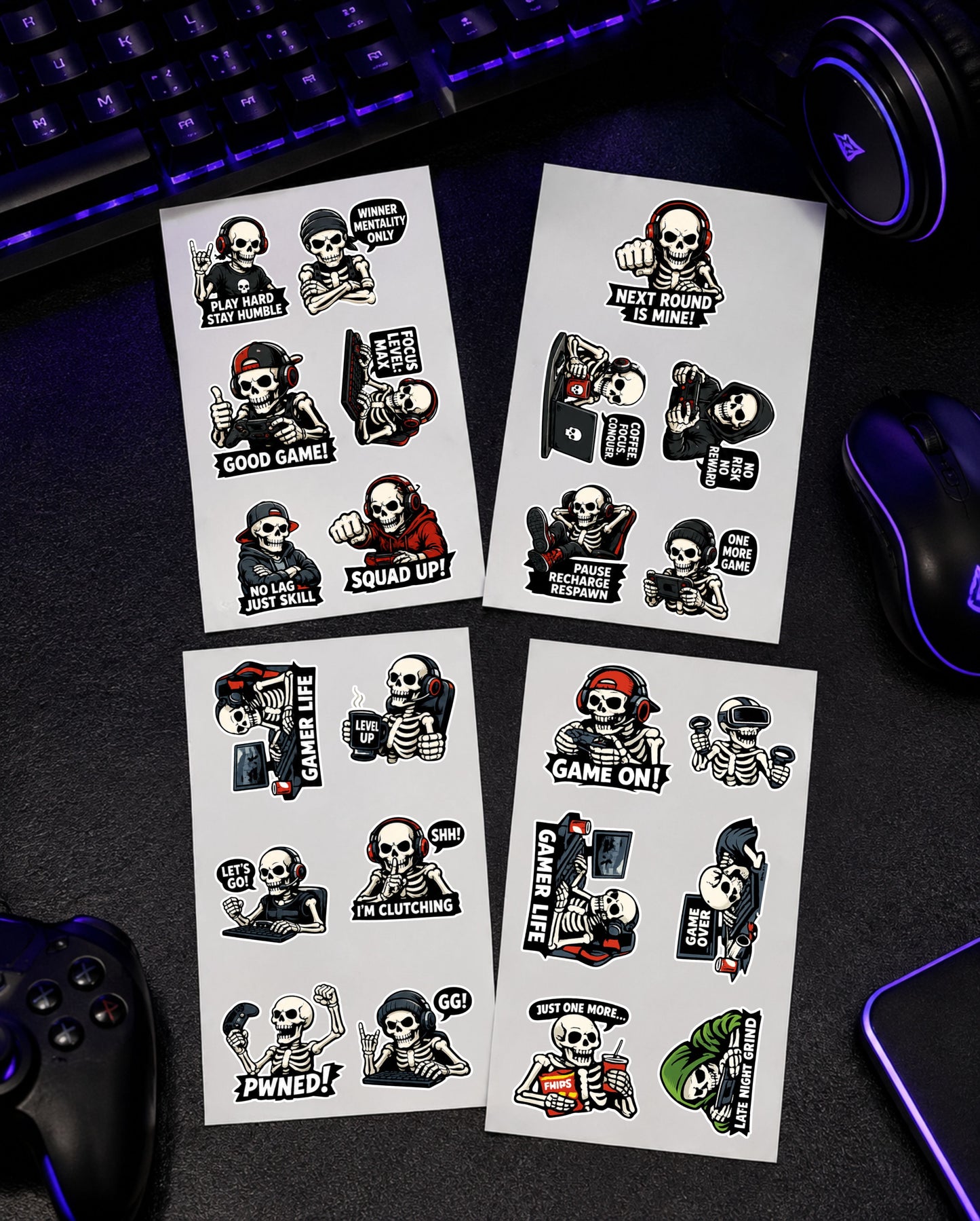Dead Serious About Gaming | Skeleton Gamer Sticker Pack (4 Sheets)