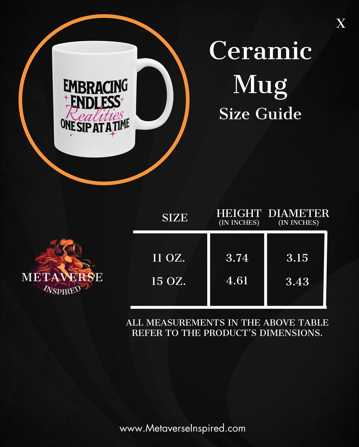 Size chart for Embracing Realities One Sip at a Time | Mug