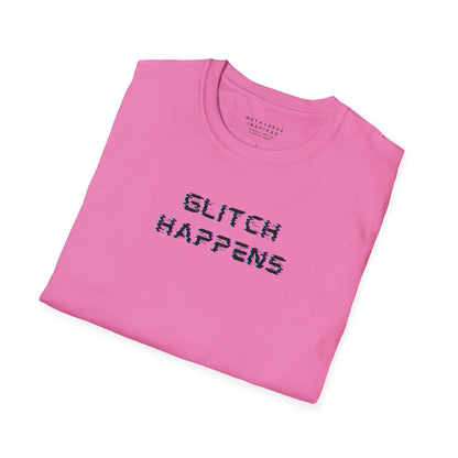 Folded pink t-shirt with 'GLITCH HAPPENS' text 