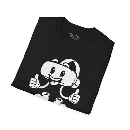 folded black t-shirt with a graphic of a vr headset character design by metaverse inspired