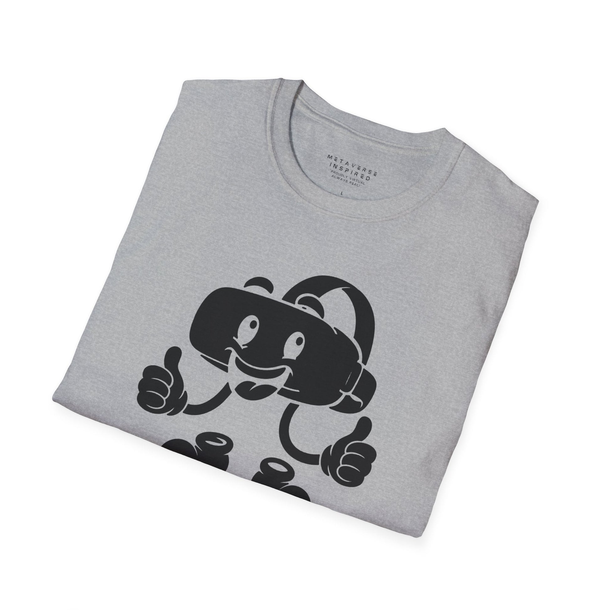folded grey t-shirt with a graphic of a vr headset character design by metaverse inspired