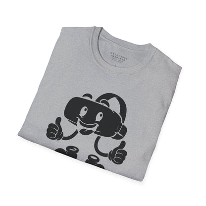 folded grey t-shirt with a graphic of a vr headset character design by metaverse inspired