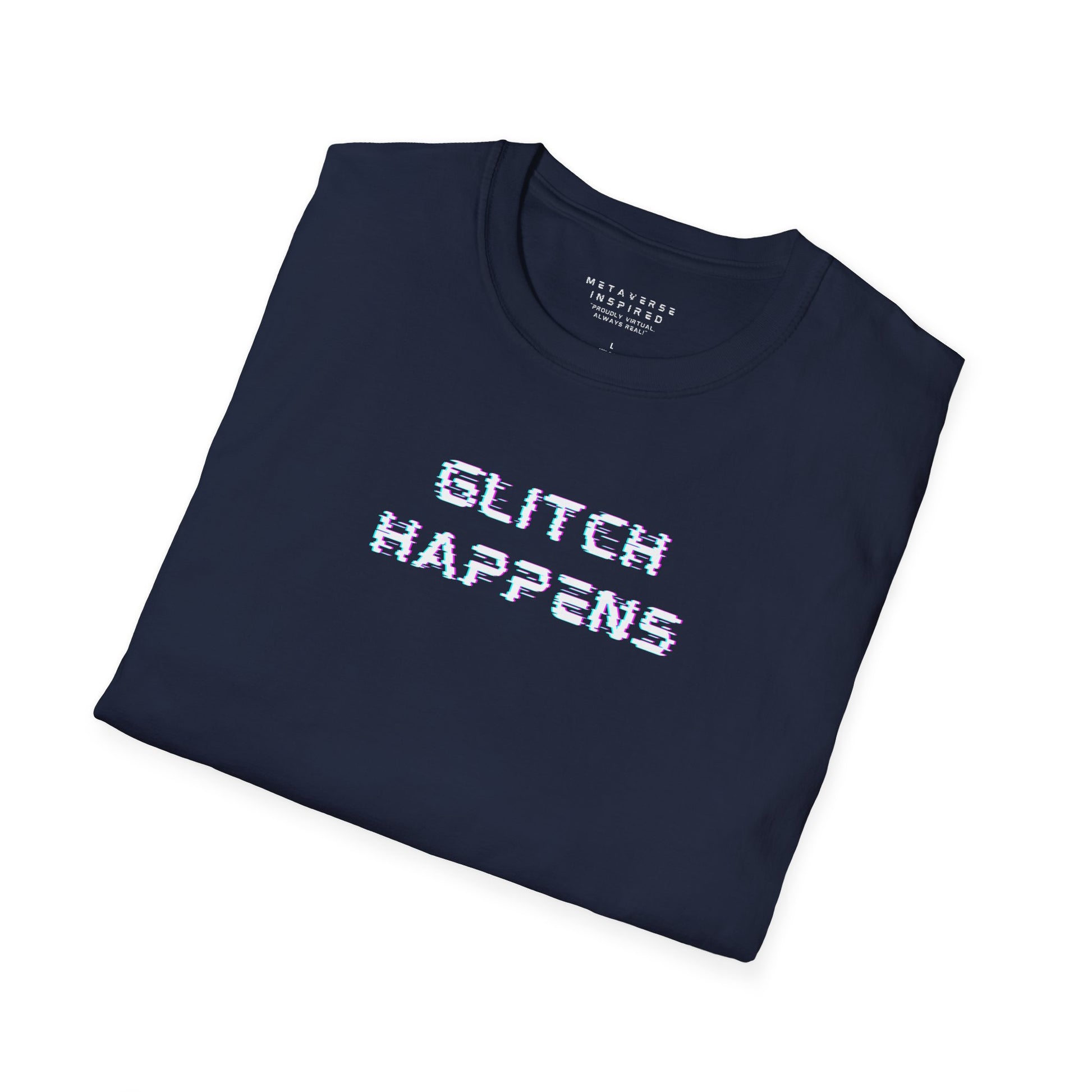 Folded navy t-shirt with 'GLITCH HAPPENS' text 