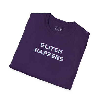 Folded purple t-shirt with 'GLITCH HAPPENS' text 